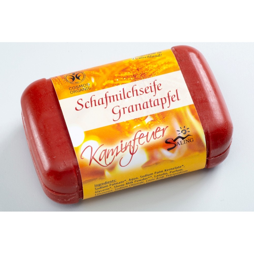 "Kaminfeuer" Schafmilchseife Granatapfel, 100g Stück cosmos organic zertifiziert // Saling